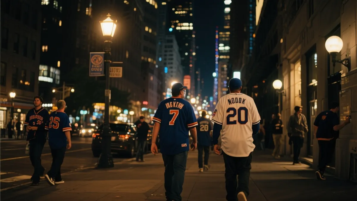 城市夜景与球迷身穿球衣步行，路牌与灯光交织，旅行纪录片风格